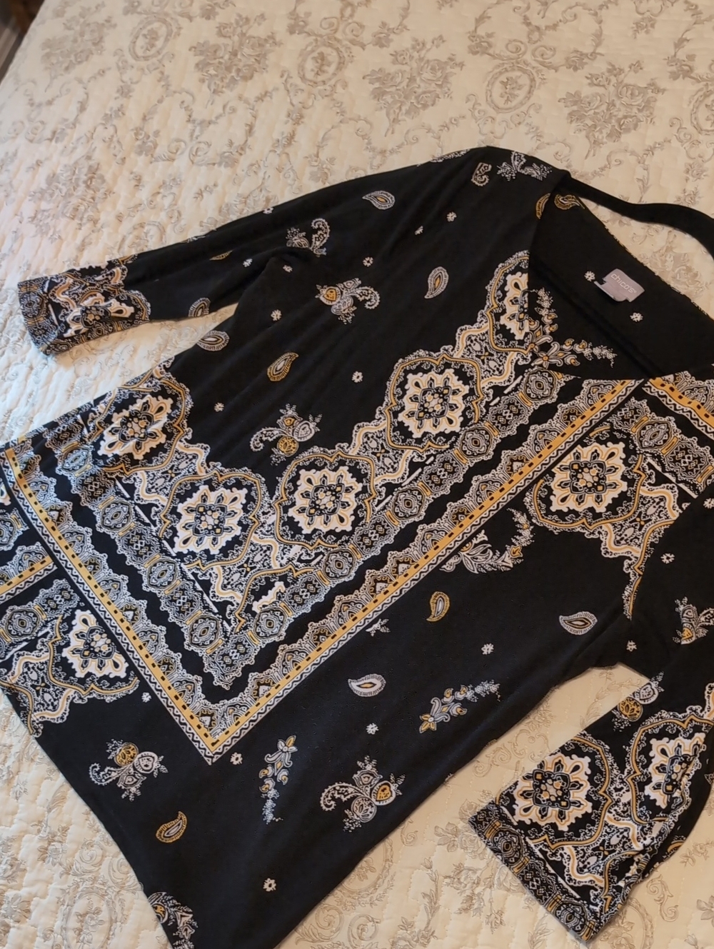 Chico's Black Tunic with Cream and Gold Paisley Detail